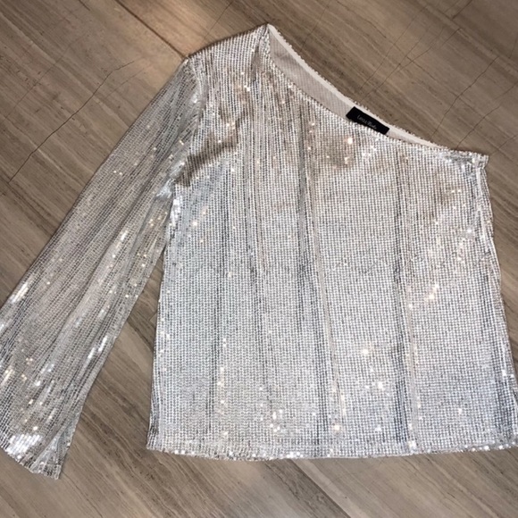 Lea & Viola One Shoulder Sequin Top Party Silver Metallic Medium - Picture 2 of 6